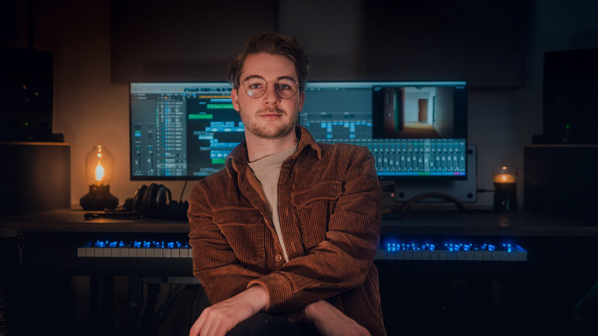 Kilian Oser in his studio, with a music production session on the screen behind him